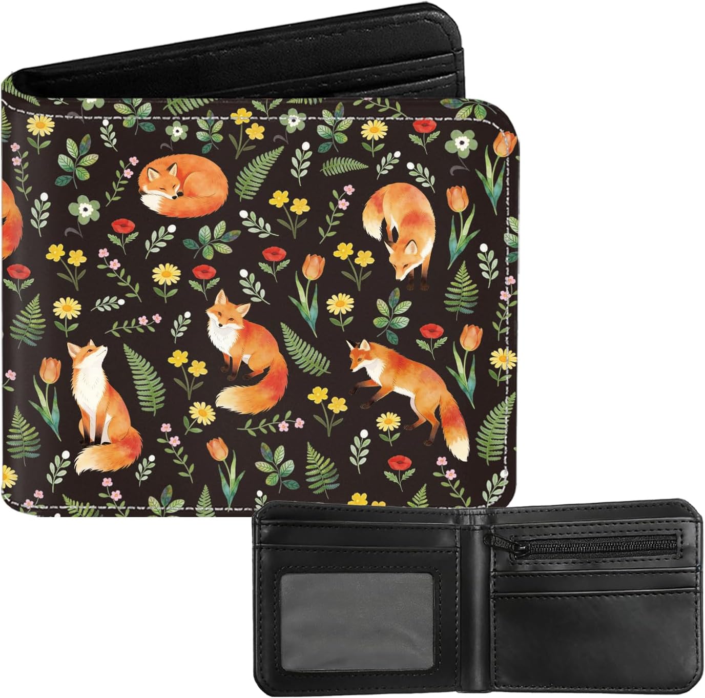 Fox Bifold Wallet for Animal Lover, Flower PU Leather Small Slim Coin Pocket Wallet with ID Window for Flower Lover, Gift for Female Ladies, Black
