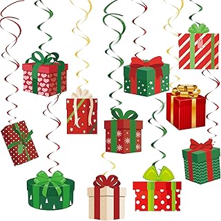 Woanger 36 PCS Christmas Hanging Foil Swirls Decorations Gift Box Shape Hanging Swirls Ceiling Decorations for Xmas Holiday Birthday Party Decor Christmas Outdoor Indoor Decor Baby Shower Supplies