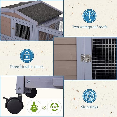 Miniatura 5 de Conejera para interiores de 58 pulgadas para conejos, conejera de madera para exteriores, con ruedas, jaula grande para conejillos de indias, jaula