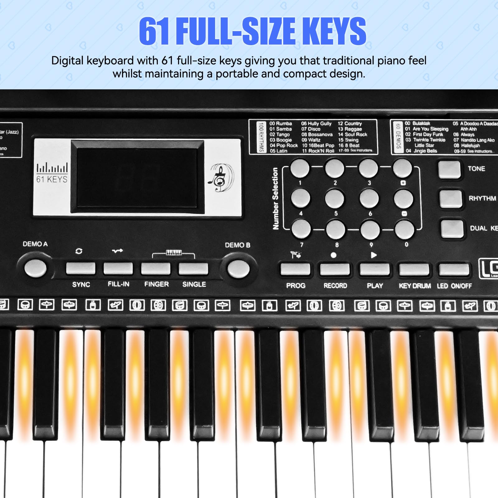 Teclado de piano para niños, 61 teclas iluminadas, kit de piano digital eléctrico, 100 voces, 100 ritmos con micrófono, regalo para niños, negro 6