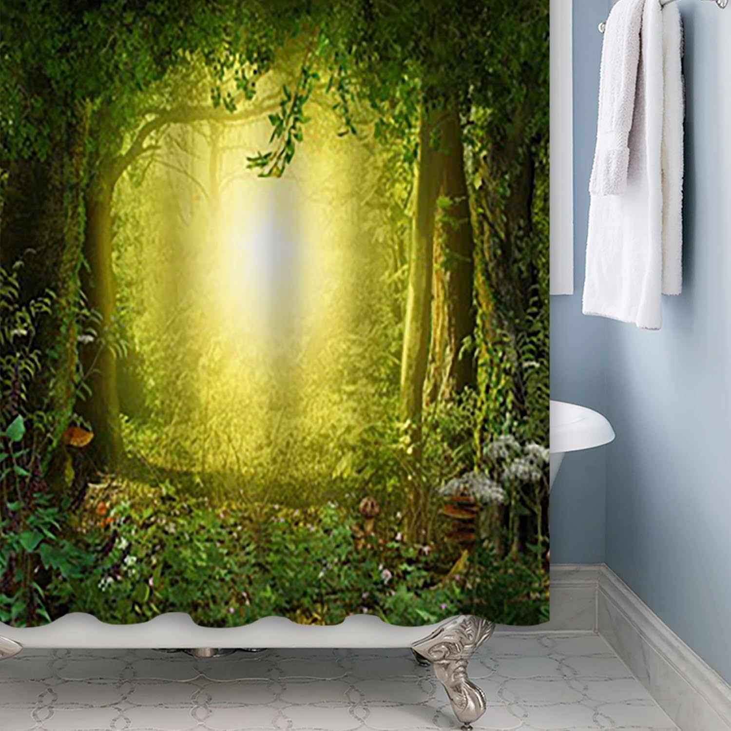 Xiaoterna Fairy Tale Fantastic Forest Shower Curtain Fantastic Woodland Jungle Bathroom Curtain Natural Landscape Sunrise Bokeh Shower Curtain Machine Washable Waterproof Fabric 180x240cm - Image 4