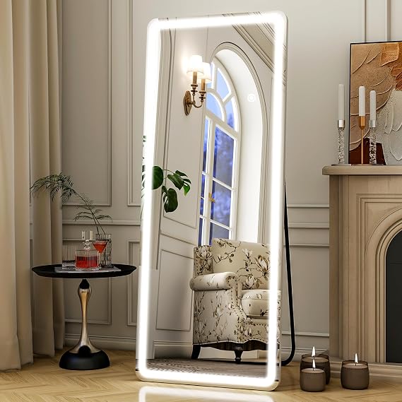 Easly 21x56 Rectangular Full Length Mirror with LED Lights, Standing or Wall-Mounted Full Body Mirror with Stand, Dimmable 3-Color Lighted Floor Mirror for Bedroom, Dressing Room, Cloakroom