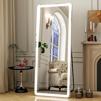 Easly 21x56 Rectangular Full Length Mirror with LED Lights, Standing or Wall-Mounted Full Body Mirror with Stand, Dimmable 3-Color Lighted Floor Mirror for Bedroom, Dressing Room, Cloakroom