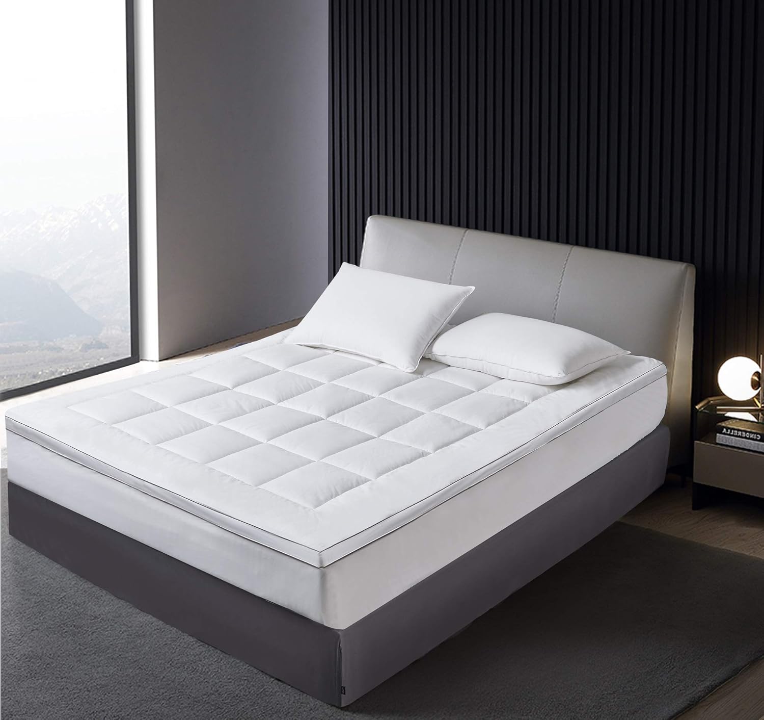 Kathy Ireland Queen Size Mattress Topper - 2'' Extra Thick Quilted Fitted Pad Cover with 16 Inch Elastic Deep Pocket - 233 Thread Count 100% Cotton Top Mattress Protector - White