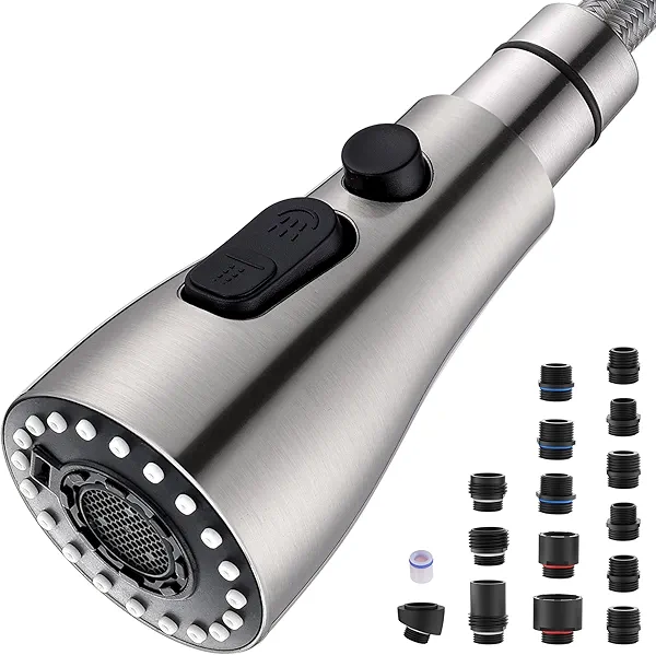 Metal Kitchen Faucet Head Replacement – 3 Mode High-Pressure Sink Sprayer Replacement with 15 Nozzle Adapters, Durable Pull Down Spray Head for Kitchen Sink (Stream/Spray/Blade), Stainless Steel