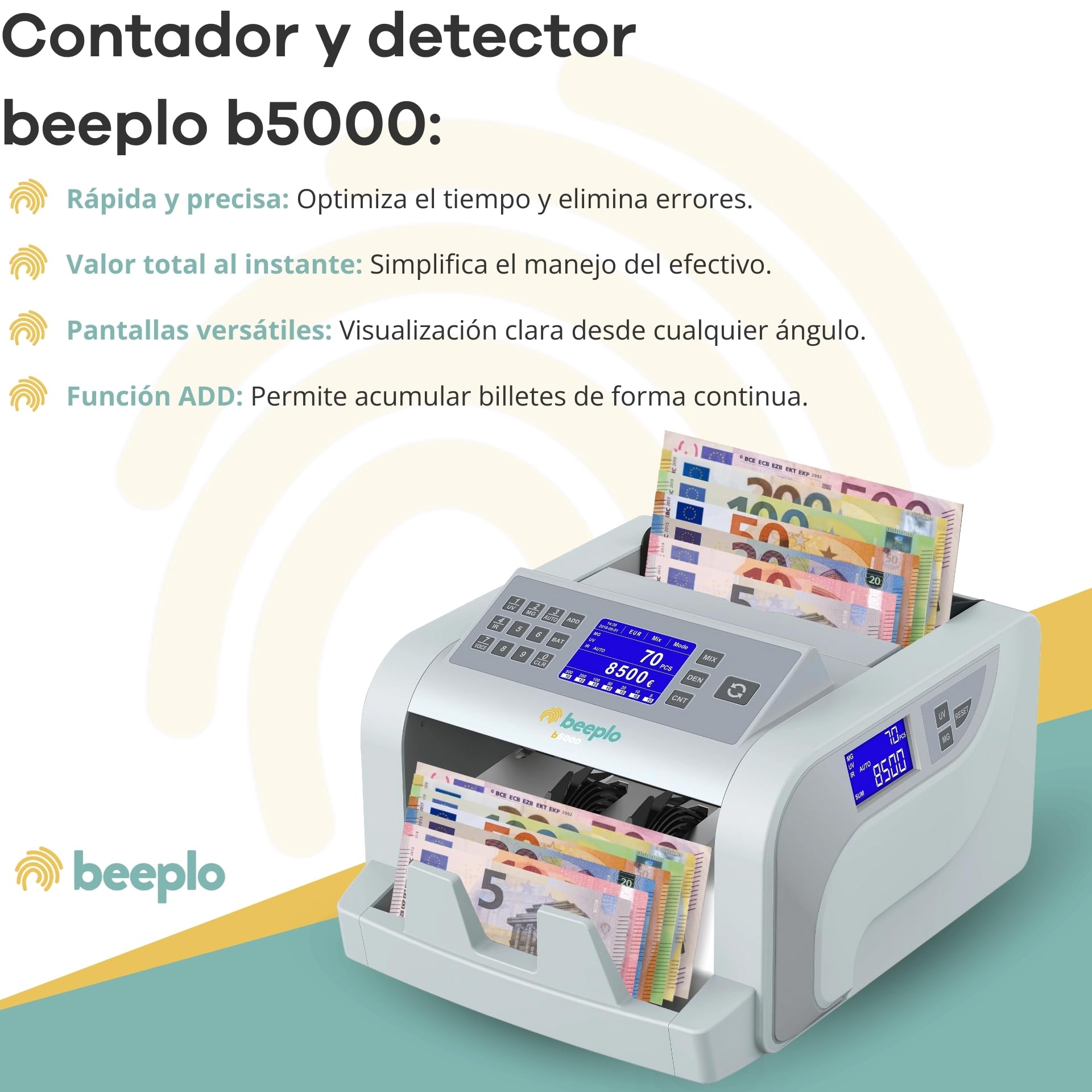 b5000 | Contadora Totalizadora de Billetes EUR | 5 Sistemas de Detección Automática | Precisión Total | Garantía 4 Años