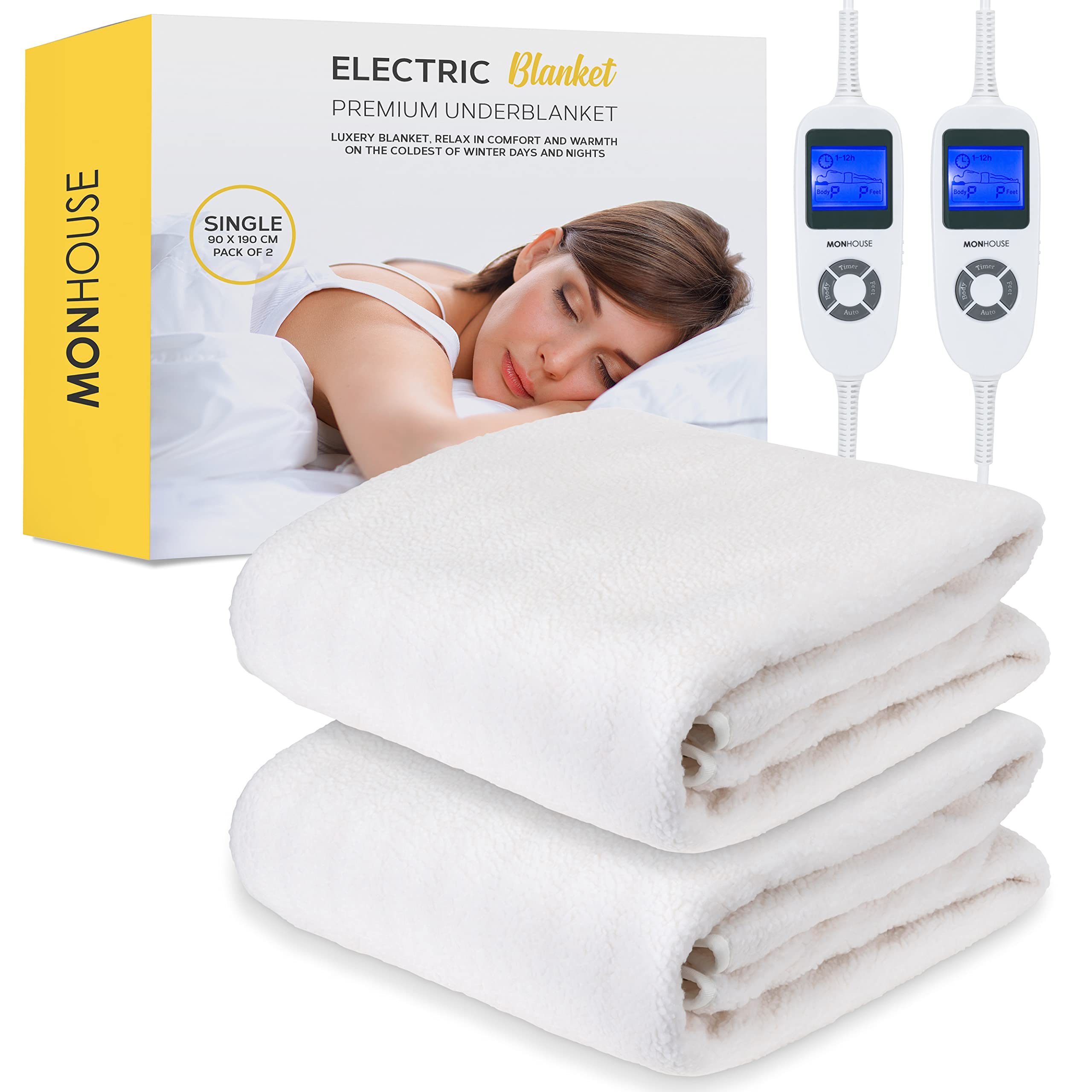 Monhouse Beige Premium Soft Fleece Electric Blanket - Heated Under Blanket - Single 90X190cm - Fully Fitted Heated Mattress Cover - Detachable & Machine Washable - Controller Multi Zones, 9 Heat Settings