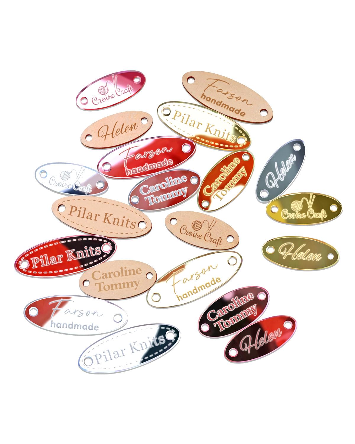 50Pcs Custom Crochet Tags, Personalised Round Button Tags for Crochet Projects, Wooden and Acrylic Knitting Labels for Handmade Items (Oval)