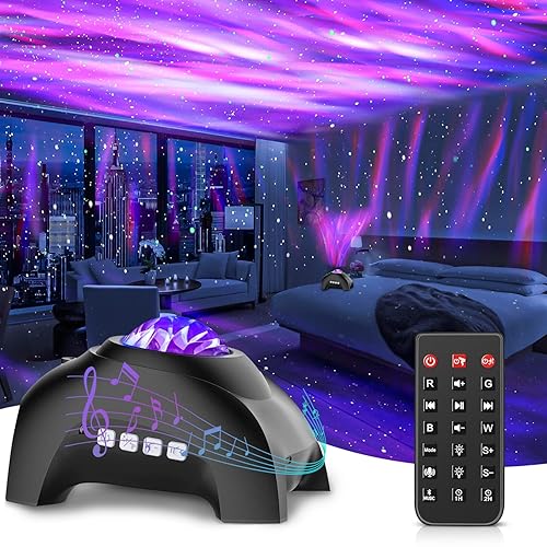 CIMELR Northern Lights Aurora Projector,Star Projector Music Bluetooth Speaker and White Noise,Galaxy Light with Remote Control, Night Light for Bedroom, Room Decor, Ceiling, Gift for Kids Adults - Black - With Stars
