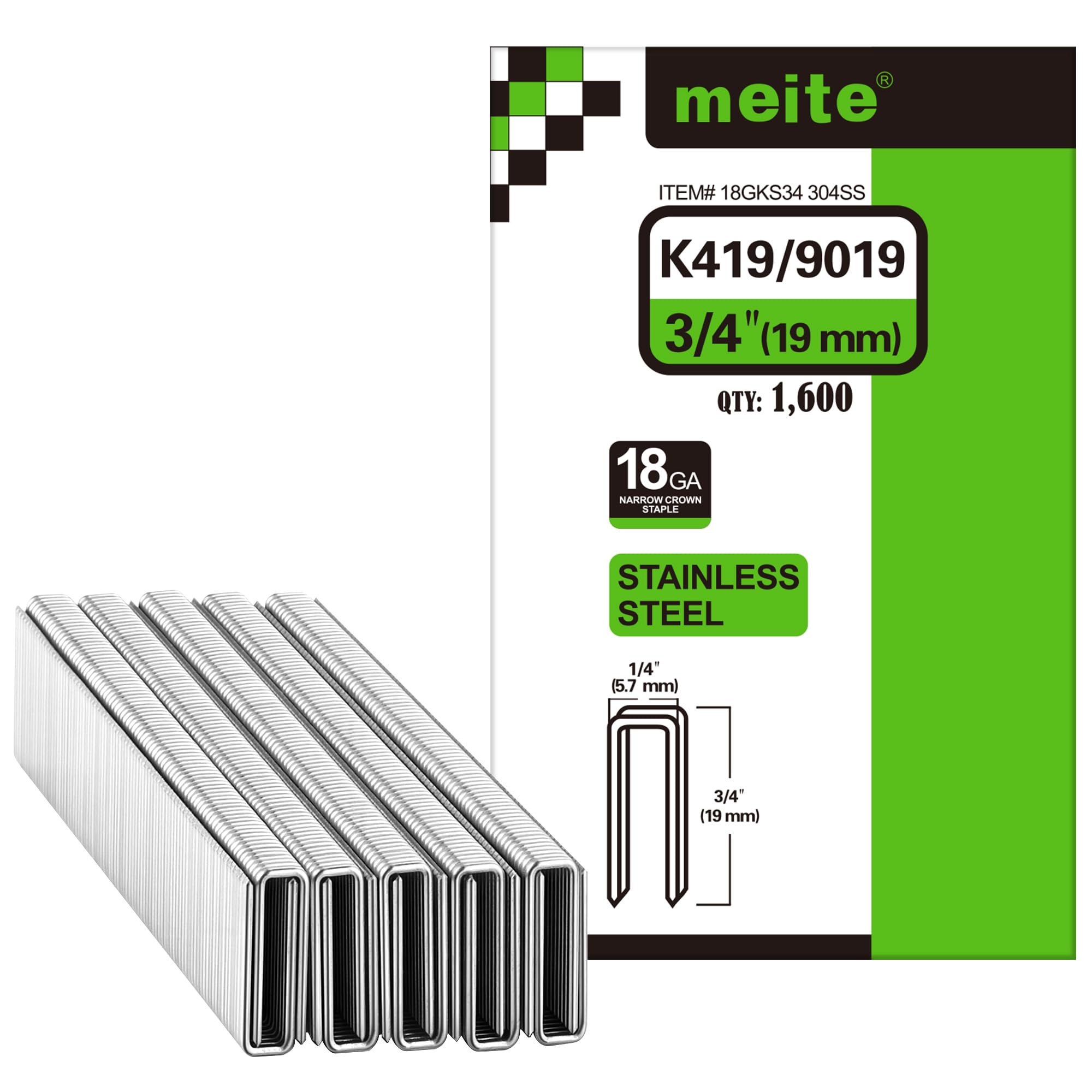 meite Agrafes Inox 304 Type 90/25 mm 18GA à Couronne Étroite 5,7 mm | 1,600 Pièces par Boîte pour Agrafeuse Pneumatique ou Électrique, Idéal Bois, Meubles, Garnitures et Finition