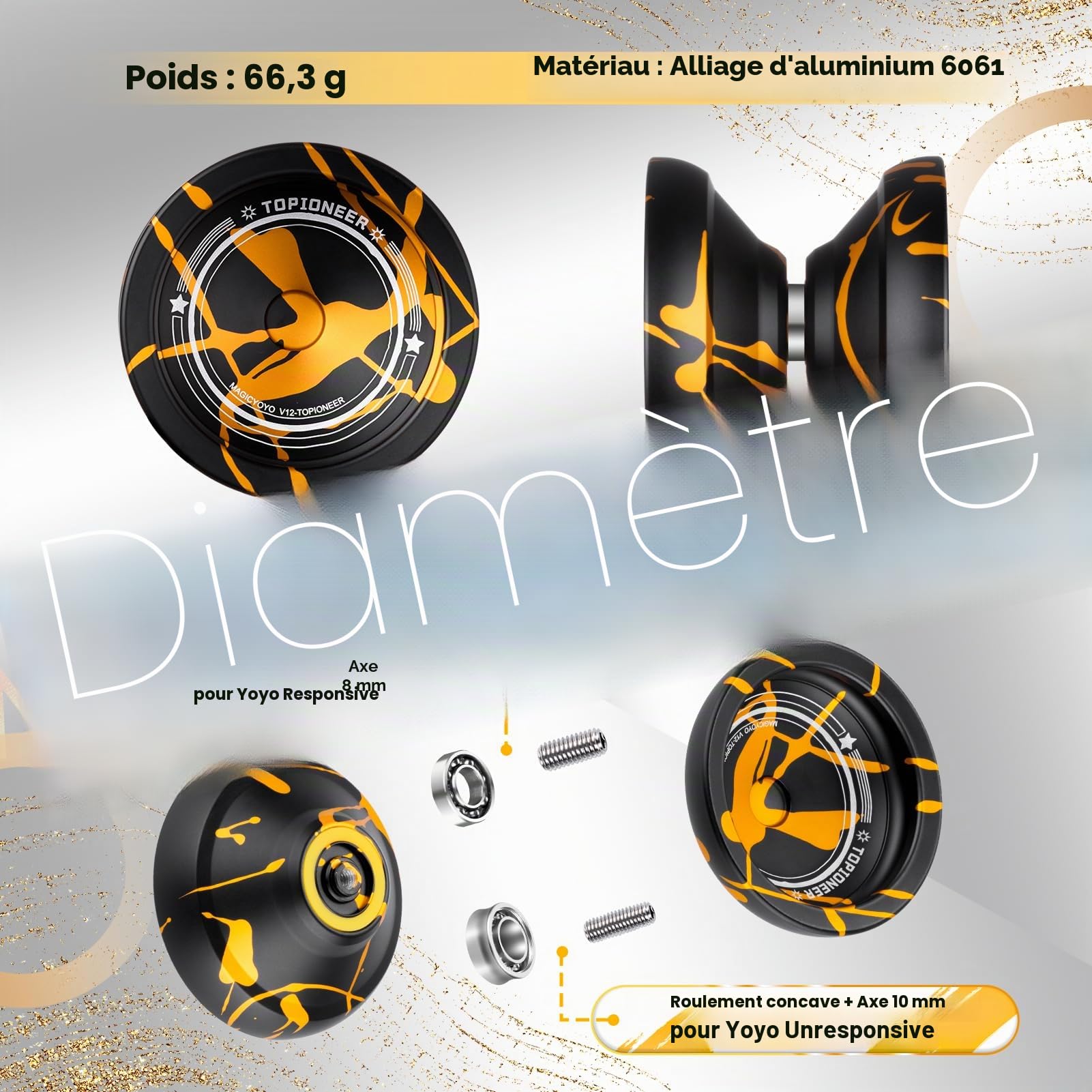 MAGICYOYO V12 Yoyo Yoyo professionnel pour débutants et avancés, double yo-yo en métal réactif et non réactif, yo-yo robuste en alliage d'aluminium, kit de roulement Yoyo inclus
