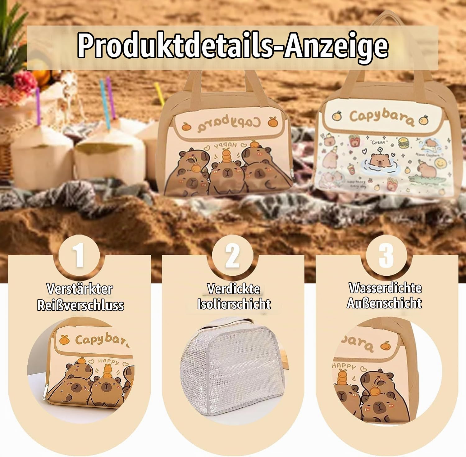 Capybara-Rucksack für Mädchen und Jungen mit gepolsterten Trägern und mehreren Fächern, Capybara-Schultasche mit Lunchtasche und Schreibwarenset, Geschenk für Teenager und Schüler