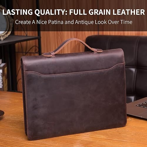Miniatura 9 de Geslun Cartera de cuero de grano completo con asa, cartera de negocios de cuero genuino con cremallera con soporte para bloc de notas A4 y bolsillo