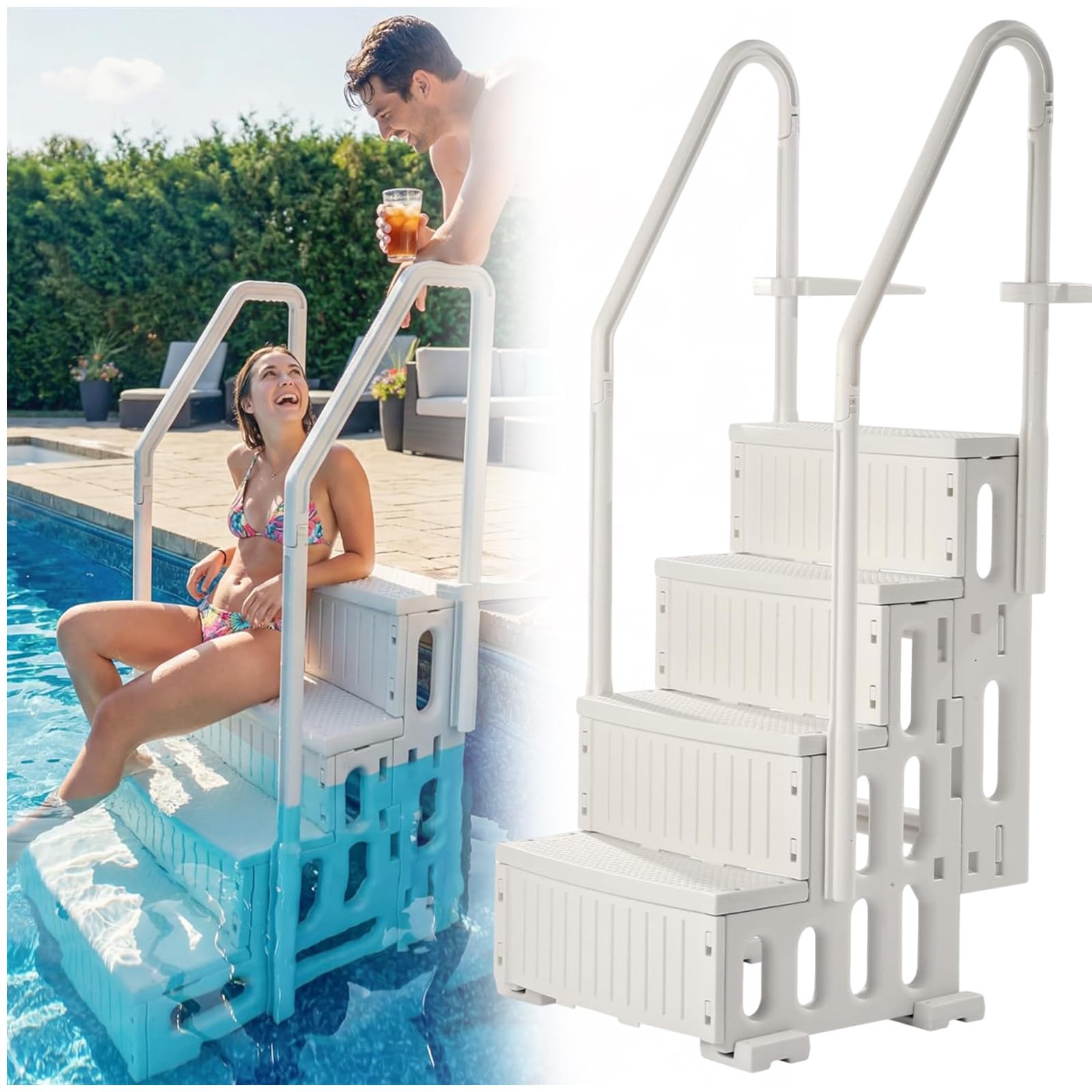 échelle de Piscine Hors Sol à pour Piscines de 116 à 152 cm | Accessoires de Piscine Antidérapants Comprenant Des Supports de Fixation pour Terrasse, Capacité de Charge de 180 kg