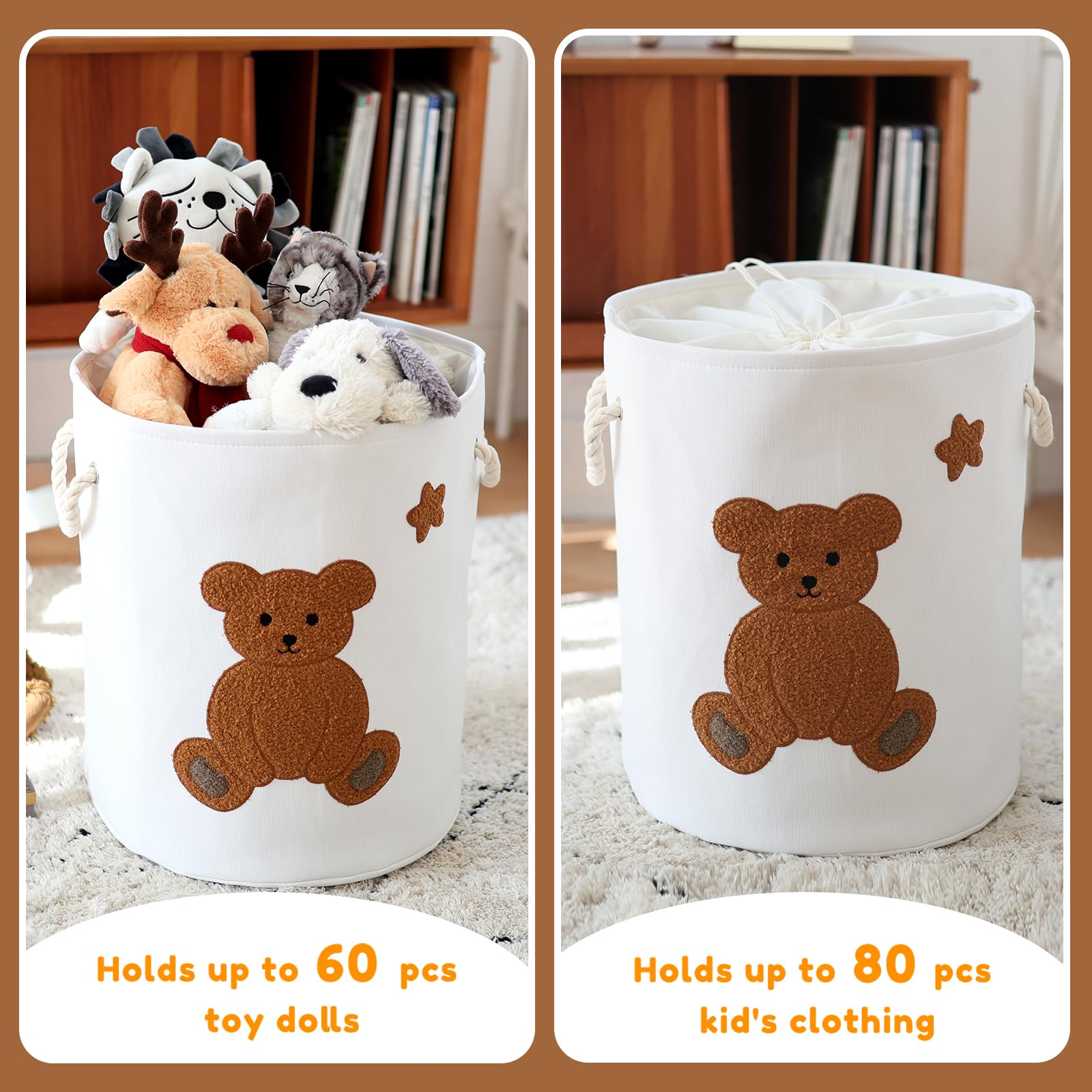 INough Large Laundry Basket Tall Baskets Storage for Dirty Clothes Toys Storage Bin Baby Hamper 58L Clothes Hamper Blanket Basket Baby Toys Organizer for Nursery Bedroom Living Room Decor Bear - Image 3