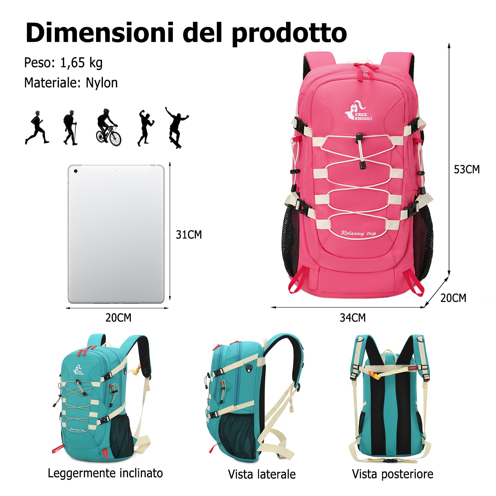 Zaino da Escursionismo Outdoor 40L Zaino di Giorno da Campeggio Impermeabile Grande Zaini Backpack in Nylon per Donne Uomini Viaggio Trekking Arrampicata Rosa Rossa