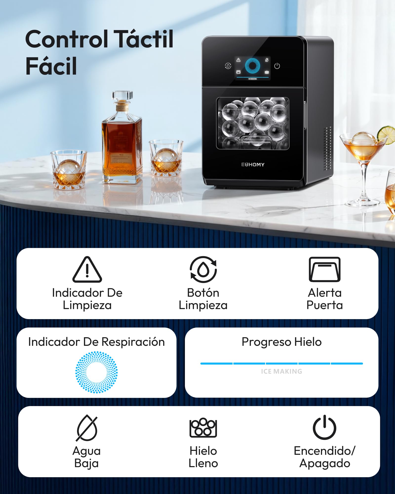 EUHOMY Máquina de Hielo Esférico Autolimpiante, Fabricador de Hielo en Bolas Grandes, 108 Hielos/Día, Ice Maker para Cócteles y Bebidas Premium Negra