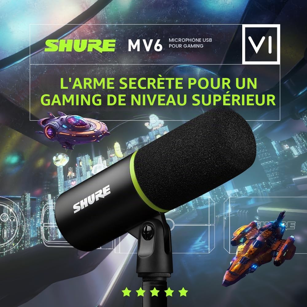 Shure MV6 Micro USB Gaming, USB-C, Microphone Dynamique, Mode Auto Level, Digital Popper Stopper, pour PC Gamers, Streamers