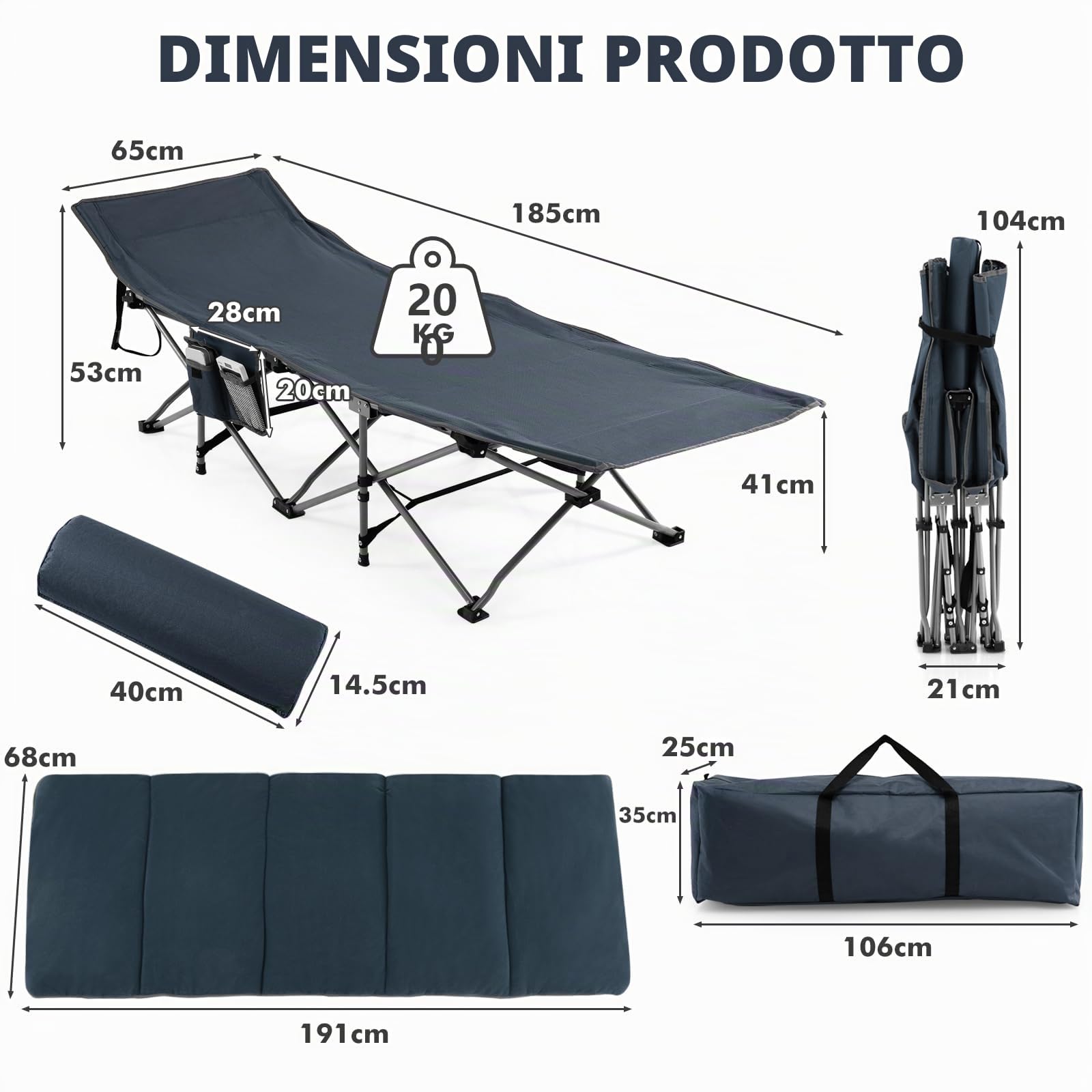 KOMFOTTEU Lettino da campeggio pieghevole 190 x 67 x 50 cm, letto da campeggio con materasso rimovibile e cuscino, lettino da campeggio con borsa per il trasporto, antiscivolo, campeggio, viaggi,