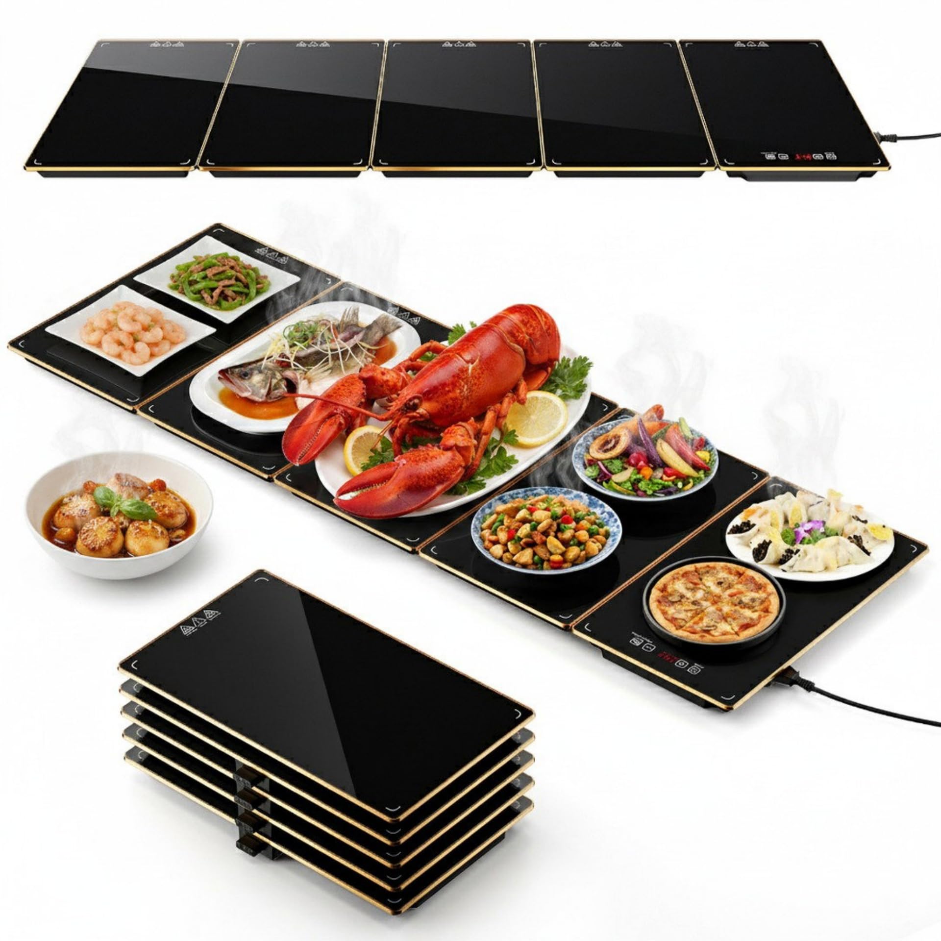 Xanquor Warming Mat for Food, 5-in-1 Extra Large Modular Connectable Warming Tray with Digital LED Display, Tempered Glass Electric Chafing Dish, Buffet Server for Parties, 43.3 15 in