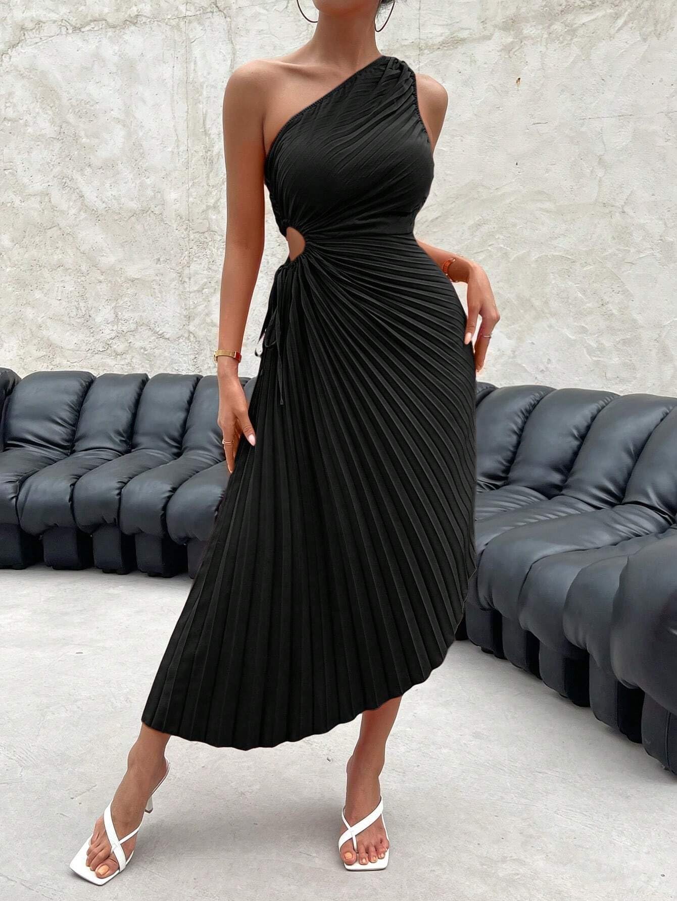 one shoulder cut out waist pleated asymmetrical hem dress Brooklynn One-Shoulder Accordion Pleat Midi Dress Navy