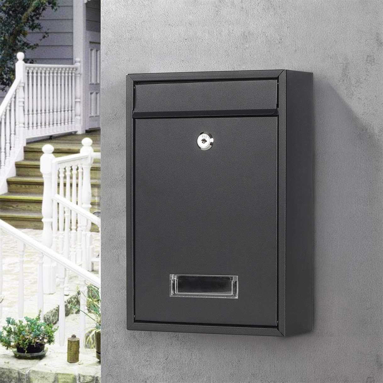 Jssmst Locking Mailboxes Wall Mounted Vertical Key Lock Drop Mail Box Medium Capacity Galvanized Steel Cover Rust-Proof Metal Post Box, 12.6 x 8.6 x 3.4 Inch, Black Matt, SM-0601LM