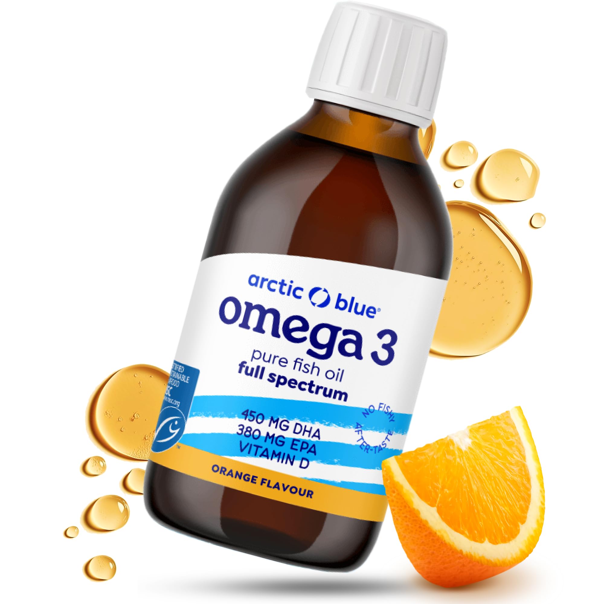 Arctic Blue Oméga-3 Huile de Poisson Liquide 250 ml — 450 mg de DHA + 380 mg d’EPA + 10 µg de Vitamine D3 par 5 ml — Huile de Morue Arctique MSC, Saveur Orange Douce, Pureté Maximale