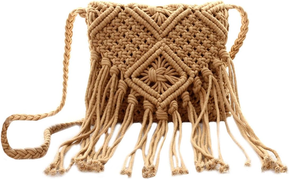 Van CaroVan Caro Handwoven Cotton Straw Shoulder Bag Crochet Tassel Beach Bohemian Purse for Women
