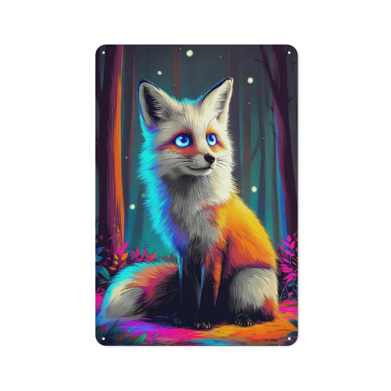 Modern Vintage Neon Fox in Enchanted Forest -1 Metal Desk Wall Sign 30x20cm, Office Wall Decor for Office, Study, Studio Or Hallway