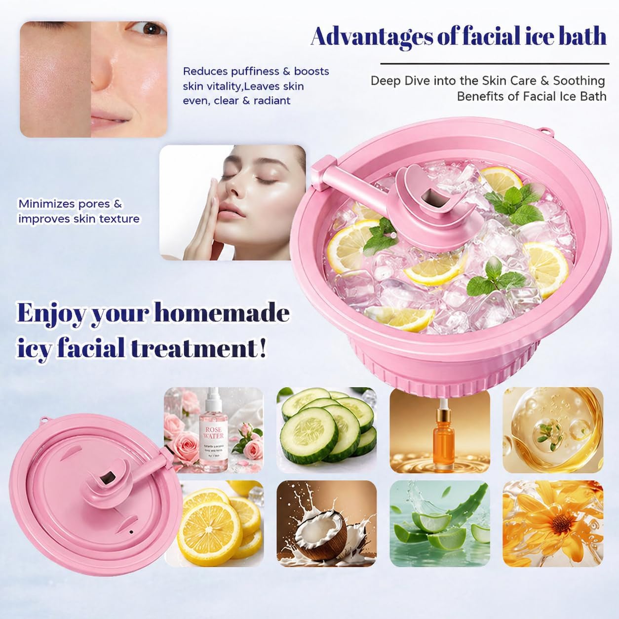 Face Ice Bath Bowl with Breathing Tubes and Built-in Ice Tray, Collapsible Silicone Ice Bowl for Face Cold Plunge, Portable Facial Ice Roller Alternative for Skin Tightening and Depuffing (Pink)