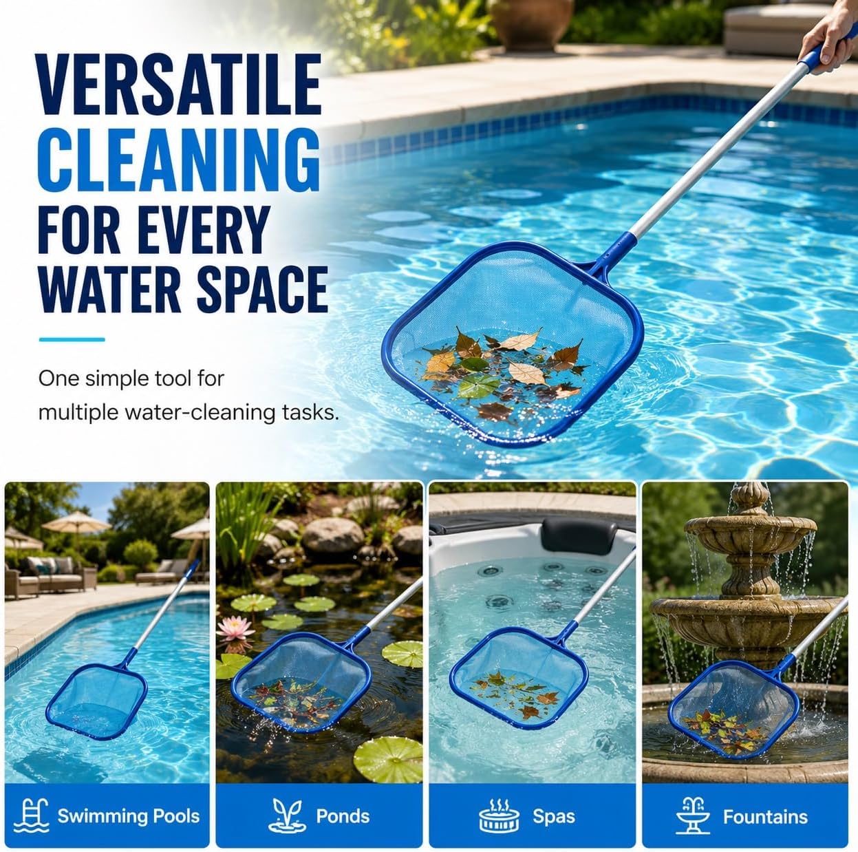 Swimming Pool Skimmer Net (160cm/63 Inch), Upgraded Pool Cleaning Net, Pool Leaf Rake with Fine Mesh Net with 5 Section Aluminum Telescopic Pole for Cleaning Leaves in Pools, Fountains, Ponds and Spas