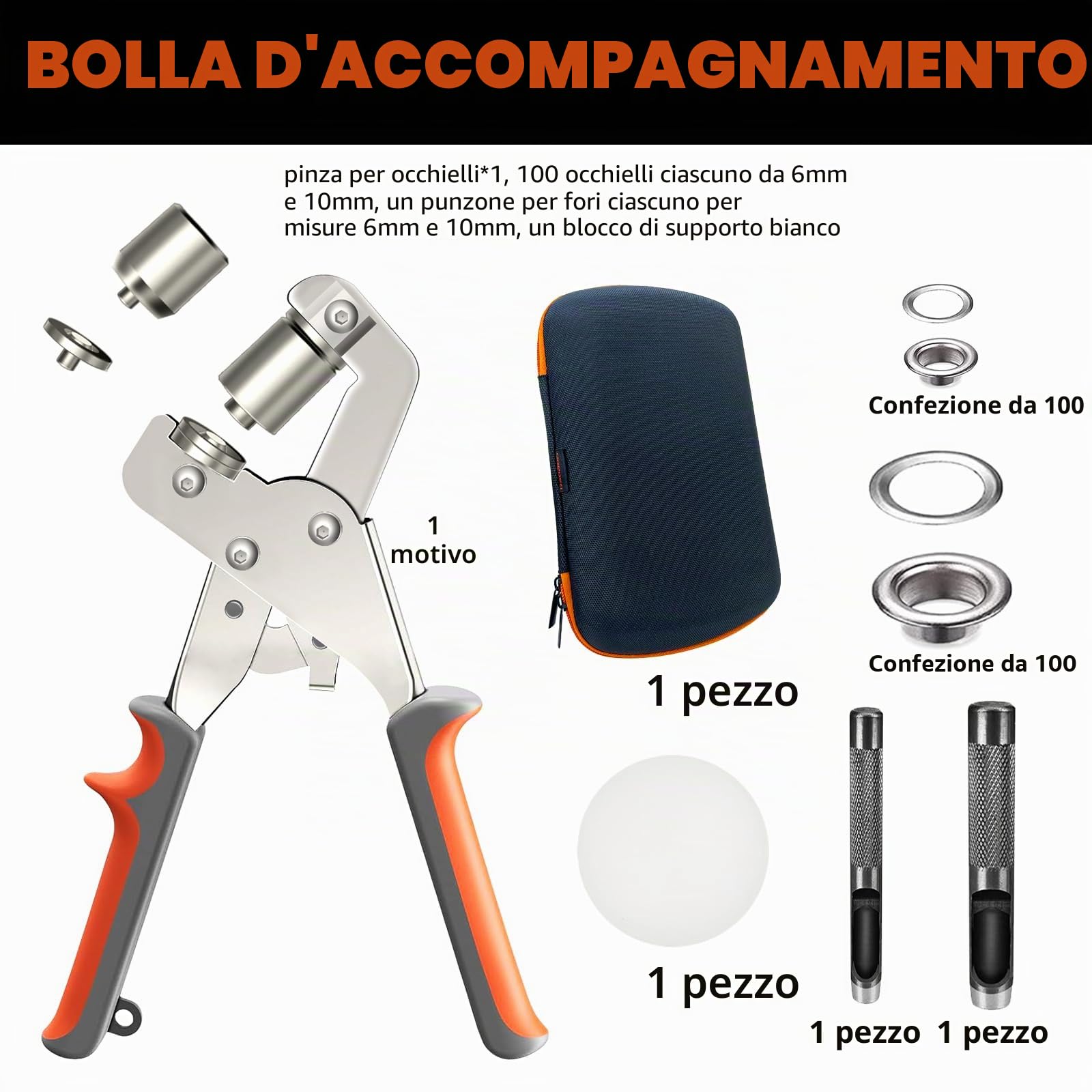 HAPDEN Pinza per Occhielli per Teloni e Tessuti 6mm e 10mm, Set di Occhiellatrice per Teloni con 200 Occhielli e kit di strumenti, Professionali Occhiellatrice Manuale