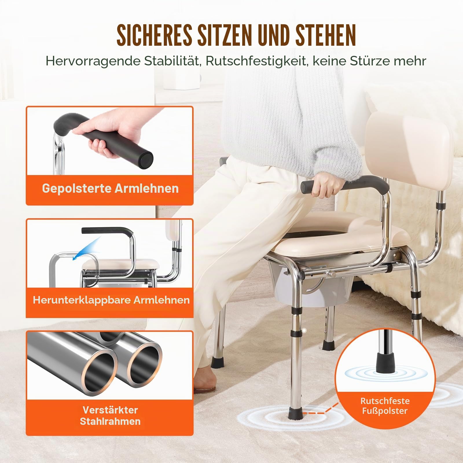 VEVOR Toilettenstuhl, Nachtstuhl mit Gepolstertem Sitz, Herunterklappbaren Armlehnen, 7-stufig Höhenverstellbar 490-640 mm, Abnehmbarer Eimer, 158,8 kg Belastbar, Tragbare Toilette für Erwachsene