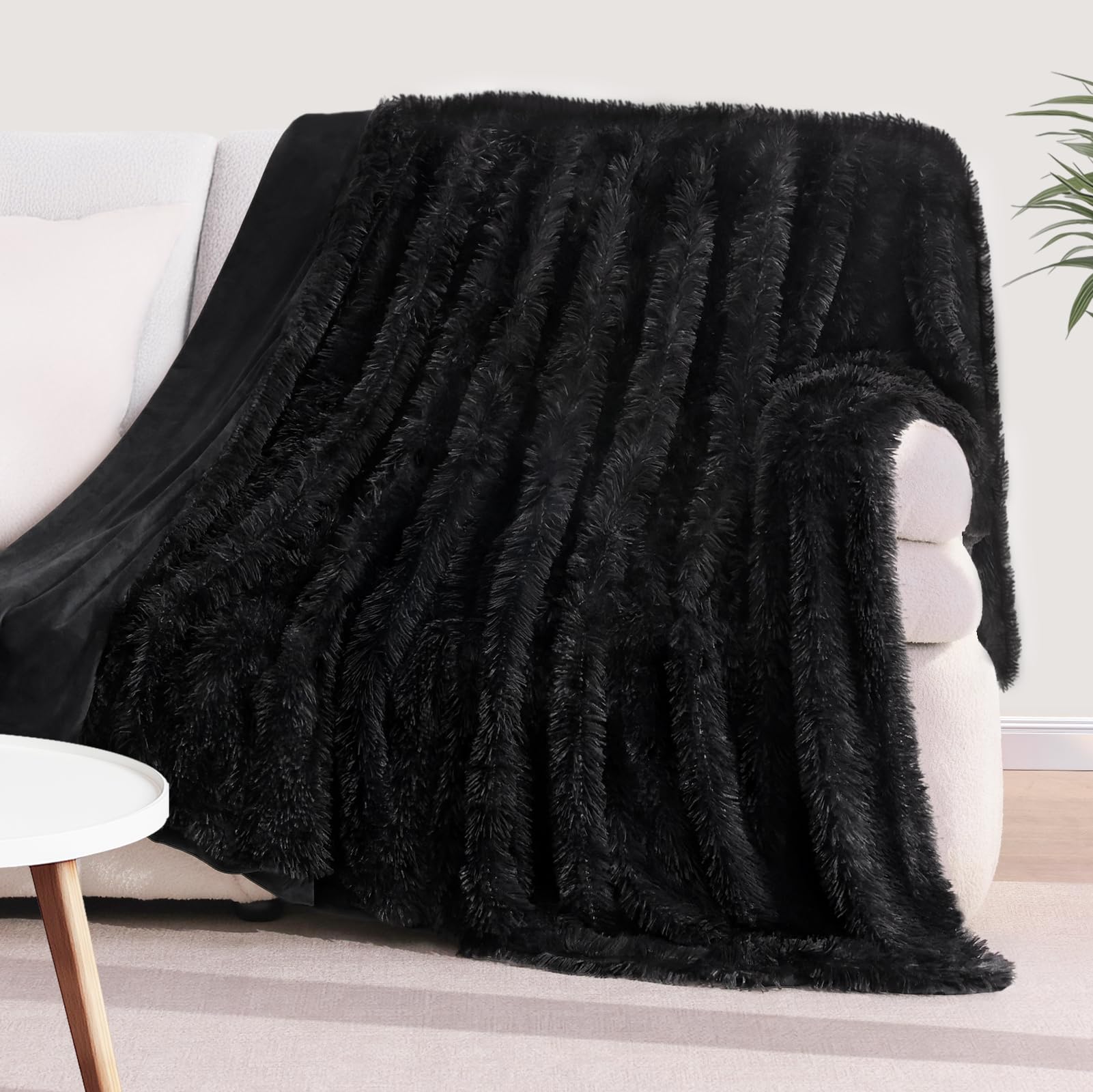 KANKAEU Coperta 160x200 cm, Coperta Pelliccia Morbida e Soffice, Plaid Decorative per Divano e Letti, Coperta Pile Calda e Accogliente, Plaid Matrimoniale, Copriletti,Nero Lucido