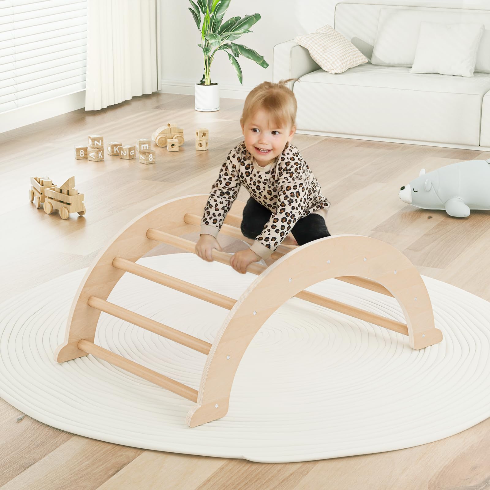 nmoiww Struttura da Arrampicata per Bambini 3 in 1, Scala da Arrampicata in Legno per Bambini con Cuscino Accogliente, Palestra da Gioco Montessori per Interni (Colore Naturale)