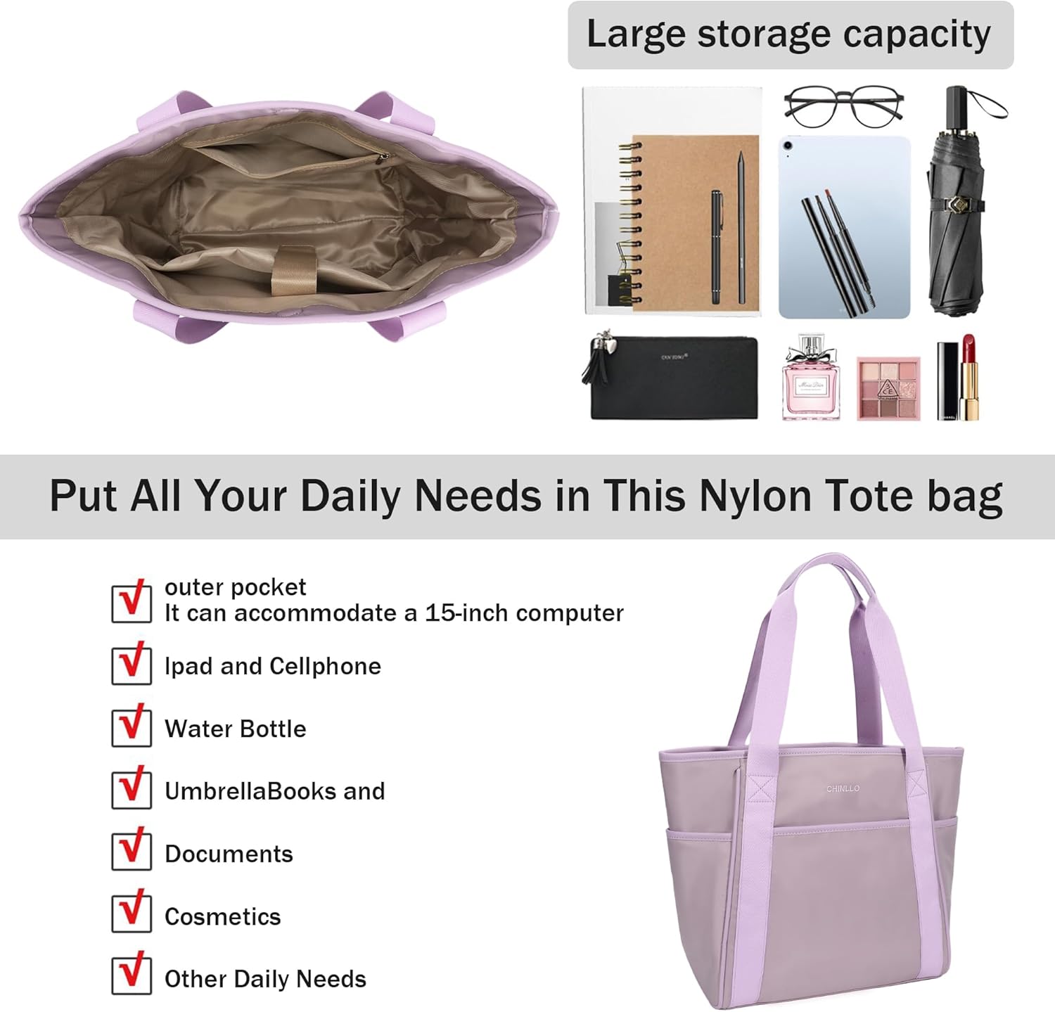 Chinllo Tote Bags for Women, Nylon Large Tote Handbags