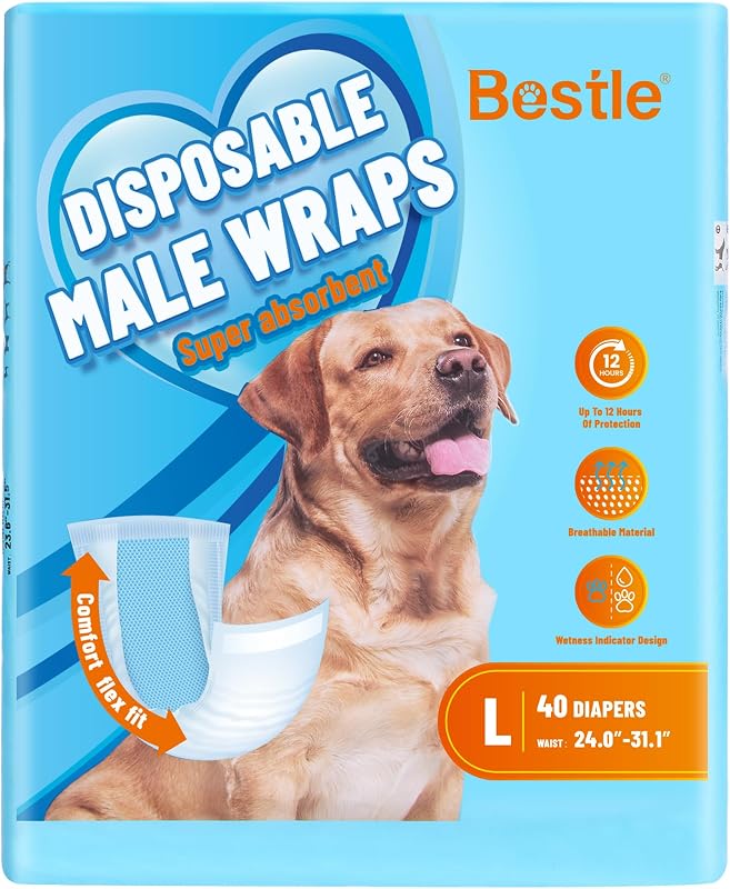 Fralda descartável tipo faixa para cães machos BESTLE com indicador de umidade, tamanho L, cintura de 60 a 80 cm, pacote com 40