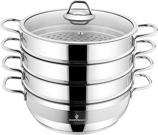 Stainless Steel Dumpling Steamer (3-tiered), Stainless Steel Steam Pot Cookware with Lid for Vegetable, Dumpling, Stock, Sauce, Food,Cookware Set