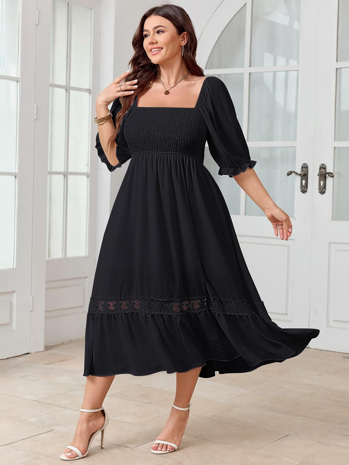 SCOMCHIC Women's Plus Size Maxi Dress Short Sleeve Square Neck Smocked Flowy A-Line Lace Trim Boho Wedding Guest Dresses - Image 7