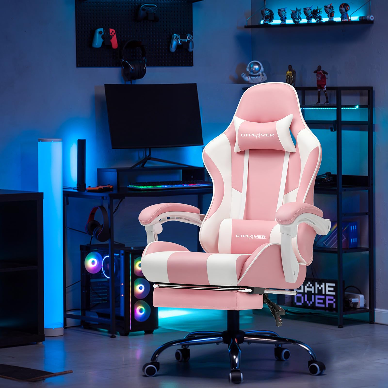 GTPLAYER Gaming Stuhl, Bürostuhl, Ergonomischer Pc Stuhl, Gaming Sessel mit Massagelendenwirbelstütze, Task Stühle mit Fußstütze und Kopfstütze, Rosa Kunstleder