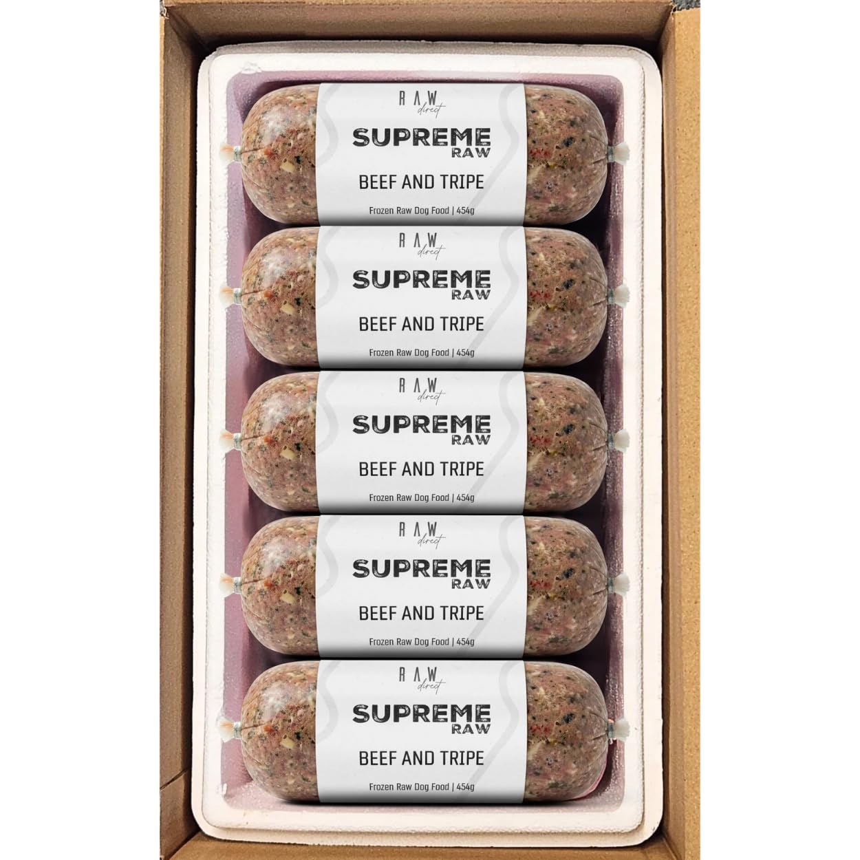 RAW DIRECT Supreme Raw Frozen BARF Dog Food - 454g Rolls - Variety Flavours – Box of 10, 20, 30 Rolls - Premium Natural Barf Diet - High-Protein, Grain-Free & Nutrient-Rich (10, BEEF & TRIPE)