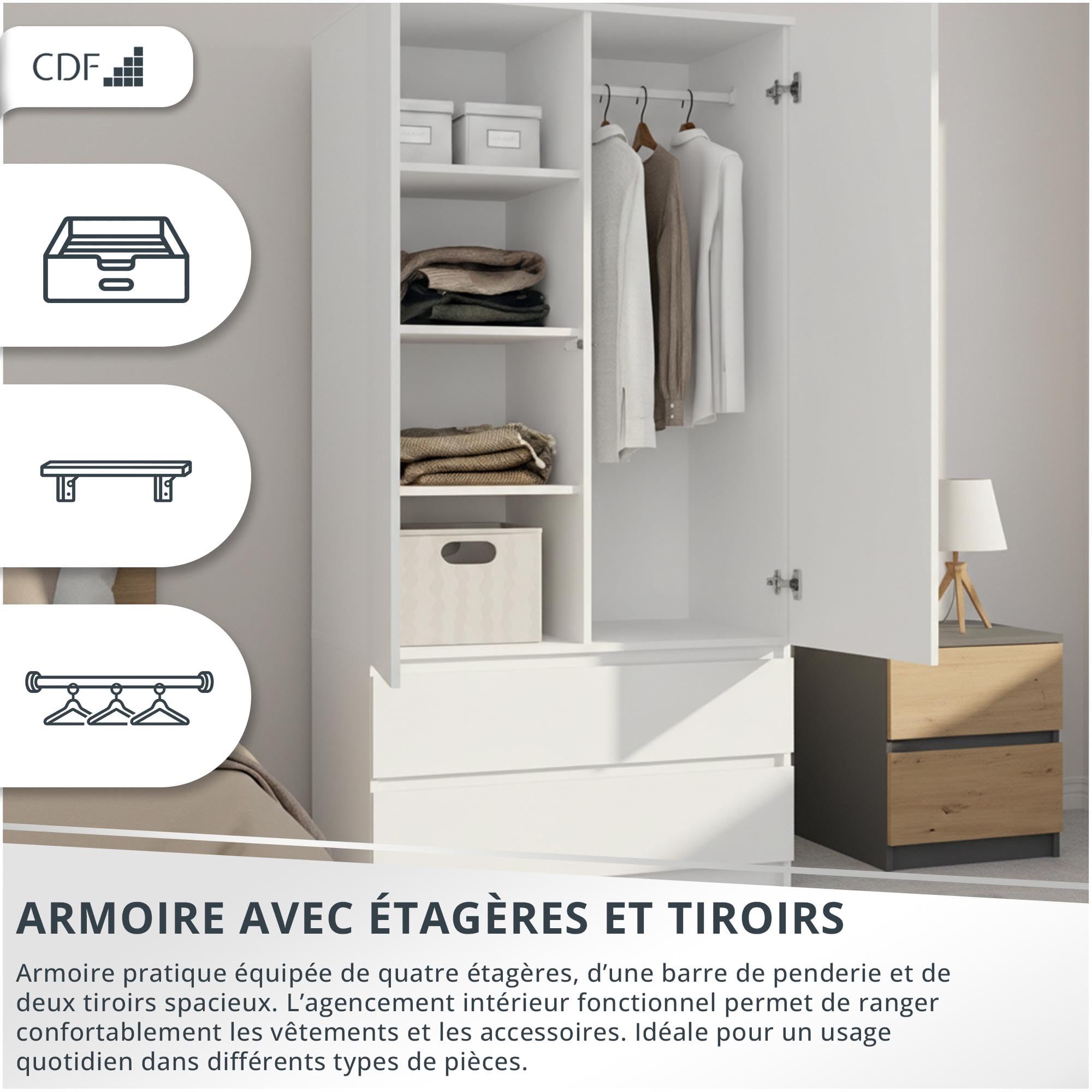 CDF Armoire Chambre 2 Portes 2 Tiroirs avec Etagères, Adult Bedroom Armoire Une Tringle Dressing Placard Multifonction Meuble de Penderie Panneau Stratifié 16mm Largeur 90 cm Blanc