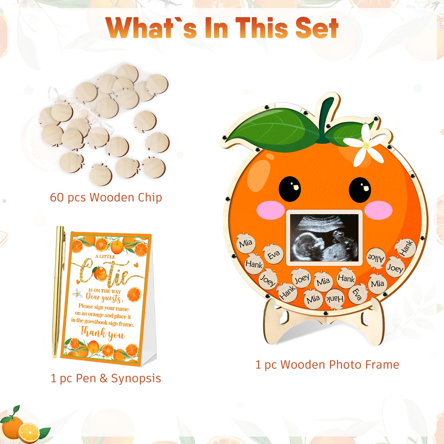 KAMUFU A Little Cutie is on The Way Baby Shower Guest Book Set, 64 Pieces, Little Cutie Baby Shower Decorations with Wood Photo Sonogram Frame Keepsake 60 Wood Orange Chips Pen Standing Sign Synopsis