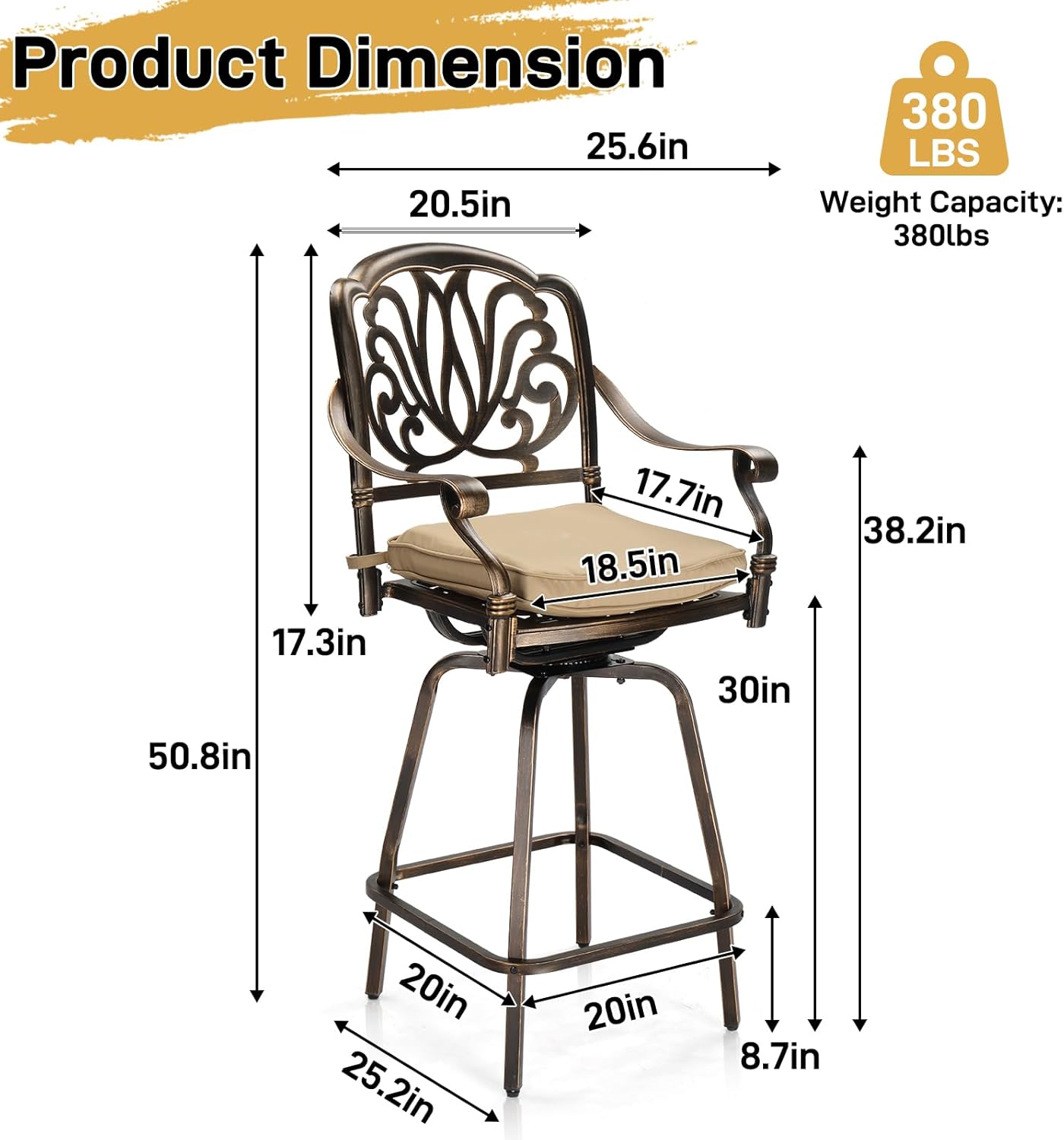 Outvita 4 Piece Outdoor Patio Swivel Bar Stools, All-Weather Cast Aluminum Bar Height Bistro Chairs, Counter Height Outdoor Barstools, with Cushions for Garden Deck Backyard