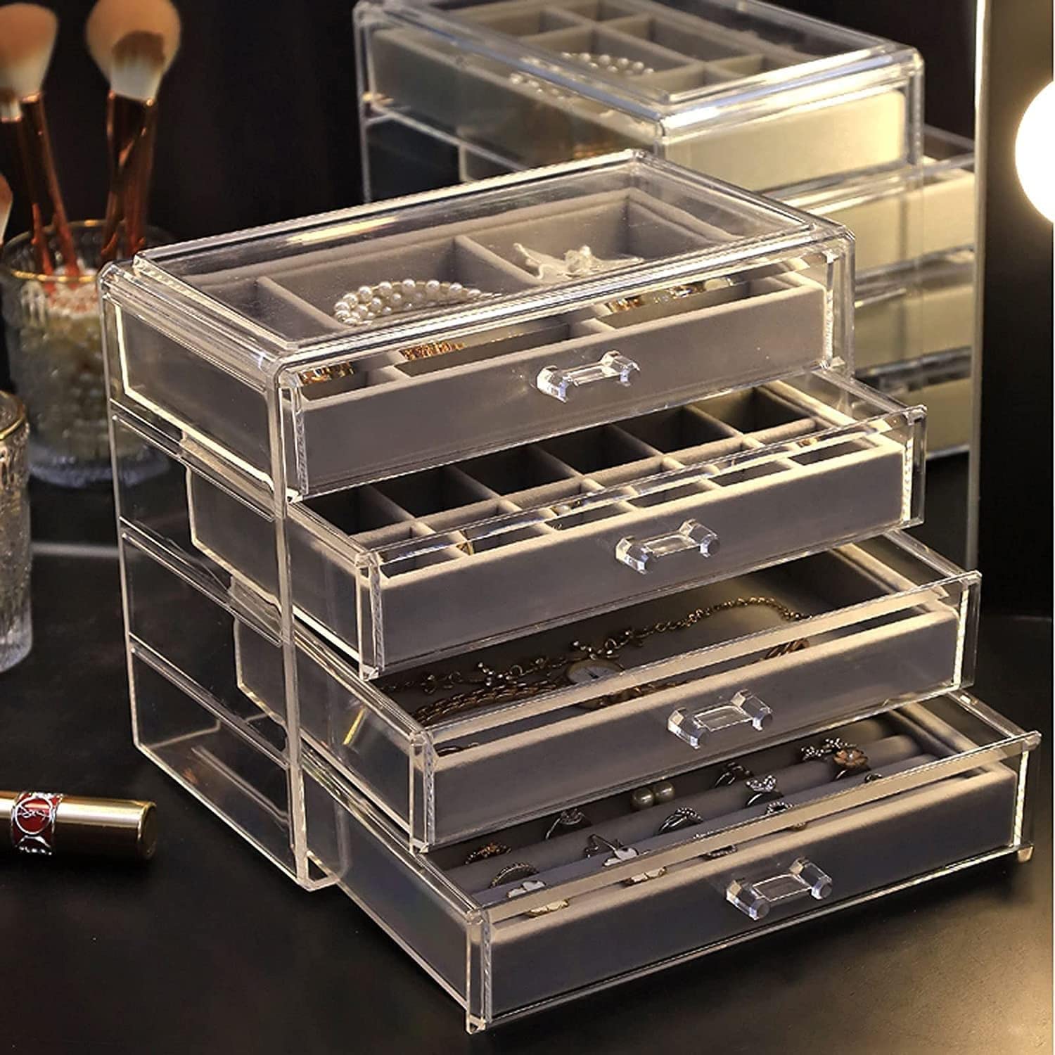 Organizzatore di gioielli Portagioie in acrilico trasparente per donna con 4 cassetti Porta orecchini appeso Organizzatore di gioielli per orecchini Bracciale rigido Collana e anelli Porta gioielli