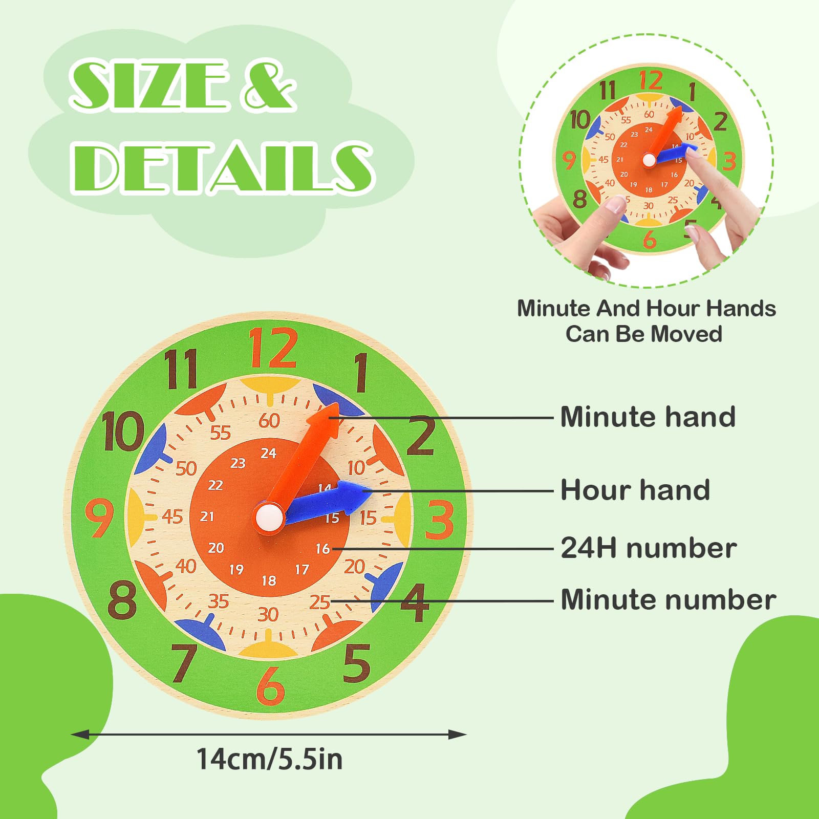 Kikuo 14CM Wooden Learning Clock, Colorful Teaching Clock with Hour and Minute Hands Education Toy - Image 2
