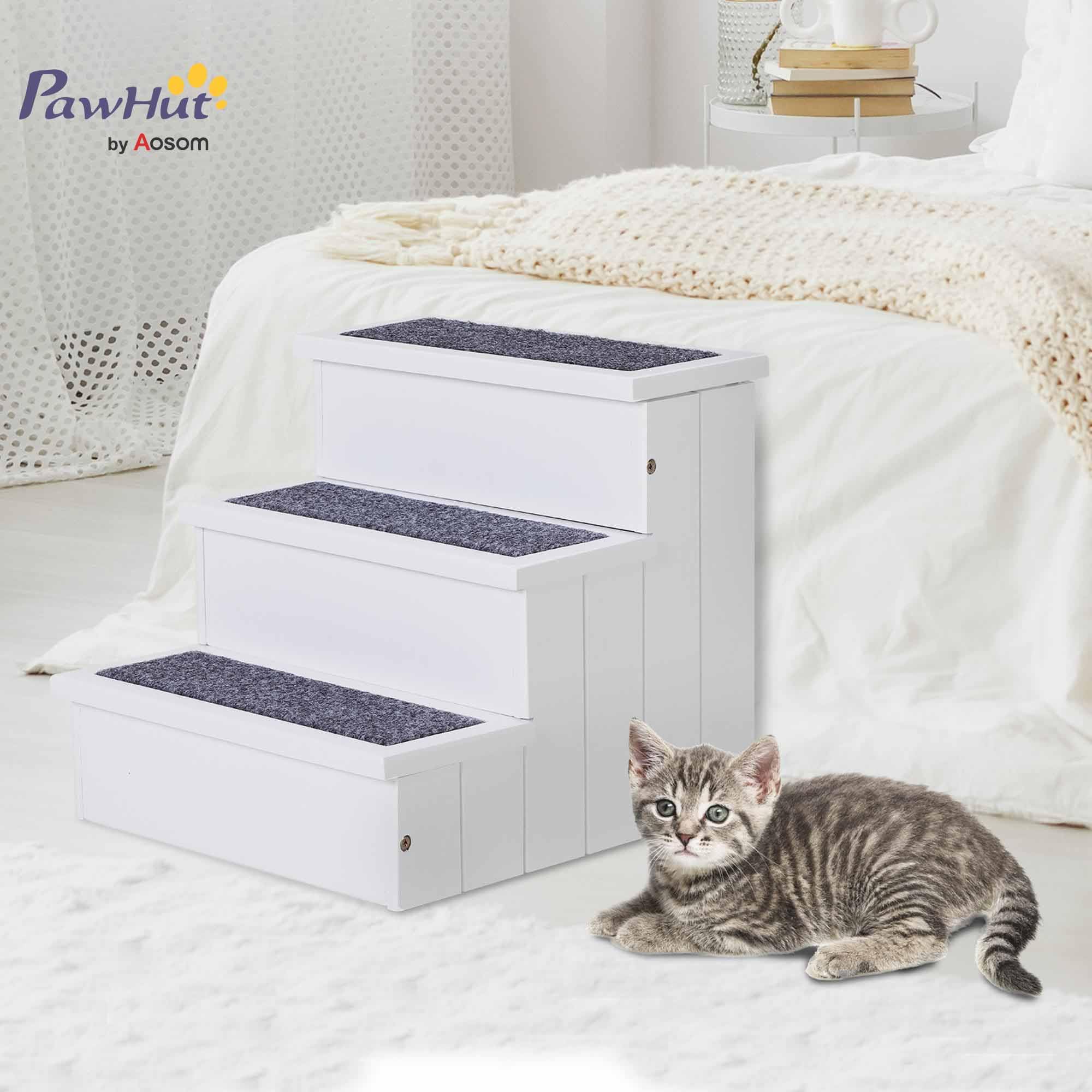 PawHut Hundetreppe 3 Stufen Katzentreppe Haustiertreppe Hundetreppe für Hunde und Katzen Tiertreppe Einstiegshilfe mit Teppich Stauraum für Sofa Bett Tannenholz Weiß 40,5 x 44,5 x 38 cm