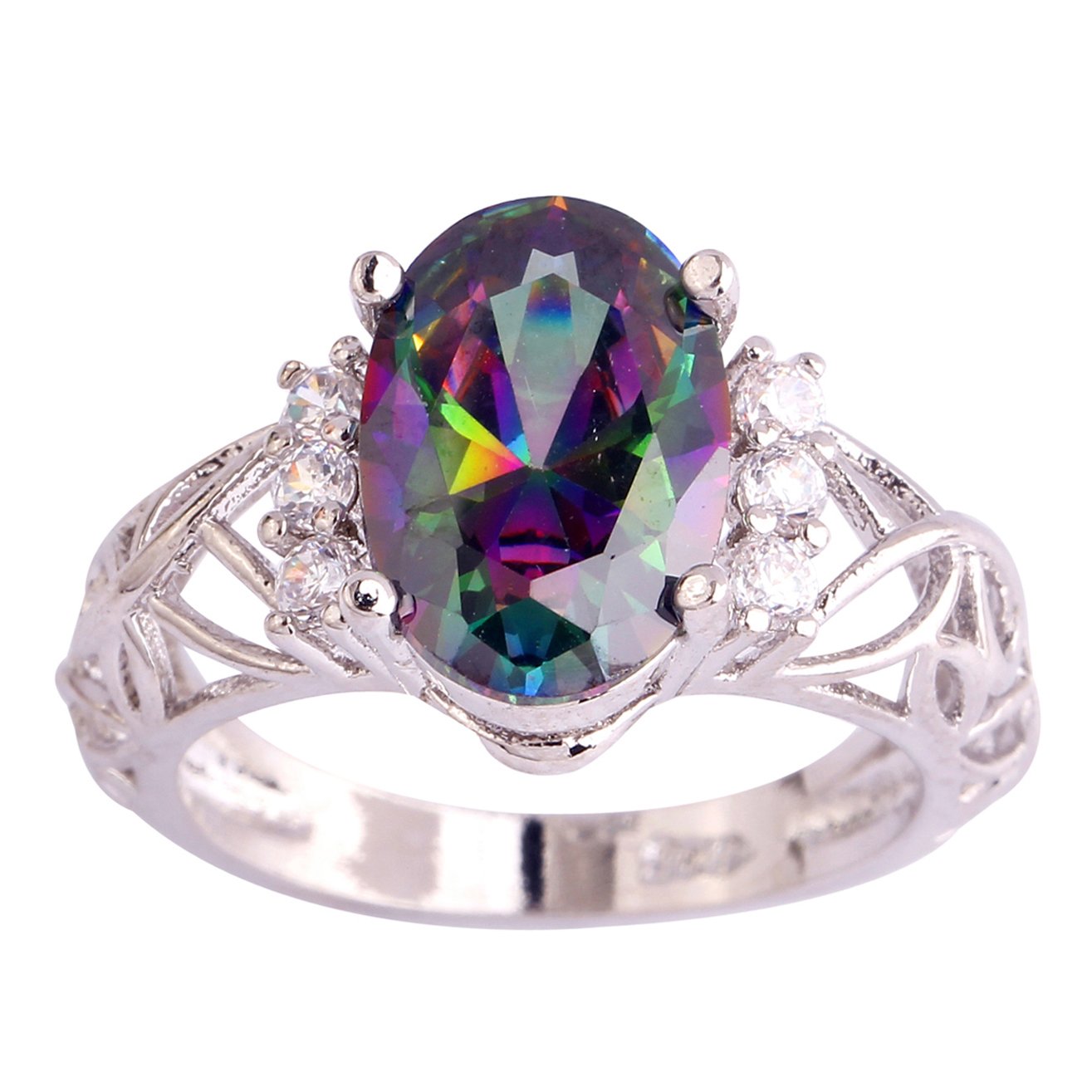 Emsione 925 Silver Plated Created Rainbow Topaz Womens Ring