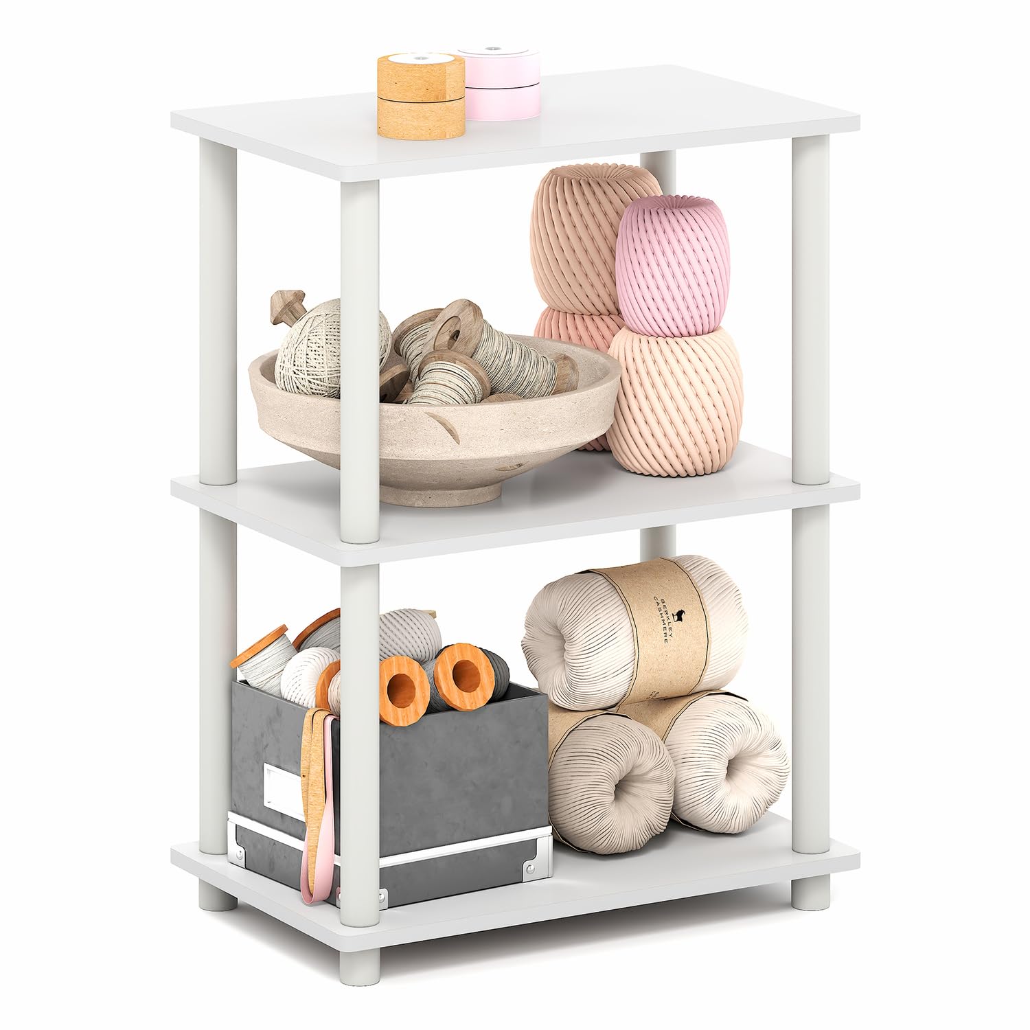 Furinno Turn-N-Tube Storage Shelves, 3-Tier Book Shelf, Corner Shelf, Toolless Open Shelves, for Organization and Storage, Living Room, Garage, Home Office, White