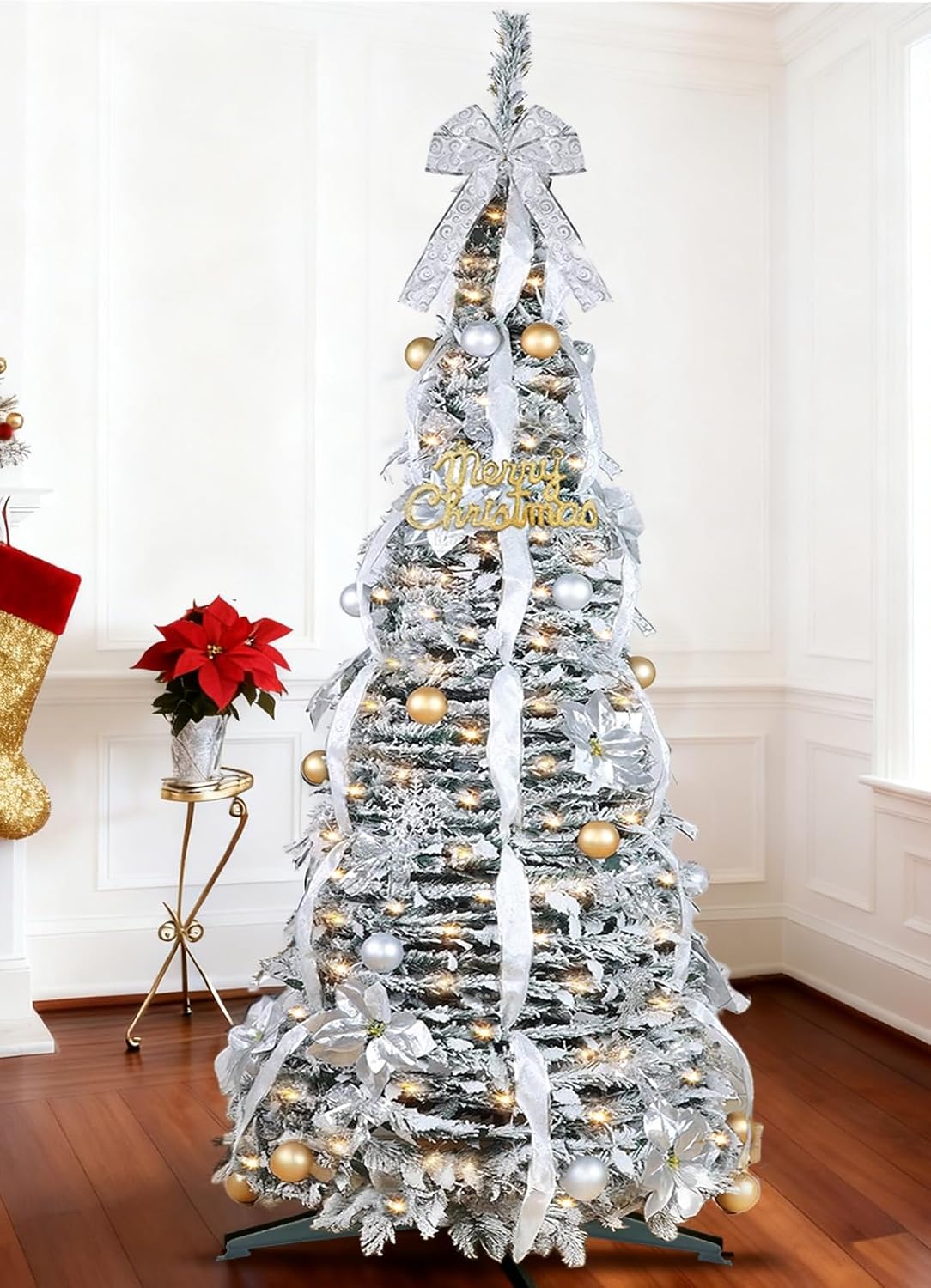 6 Ft Flocked Pop up Christmas Tree,Prelit 200 LED Lights,Opens Instantly,Fully Decorated 80 Ornaments,8 Mode Warm White Light & Timer,Foldable Xmas Tree Fire-Resistant Collapsible Outdoor Indoor Decor Flocked Pop up Tree